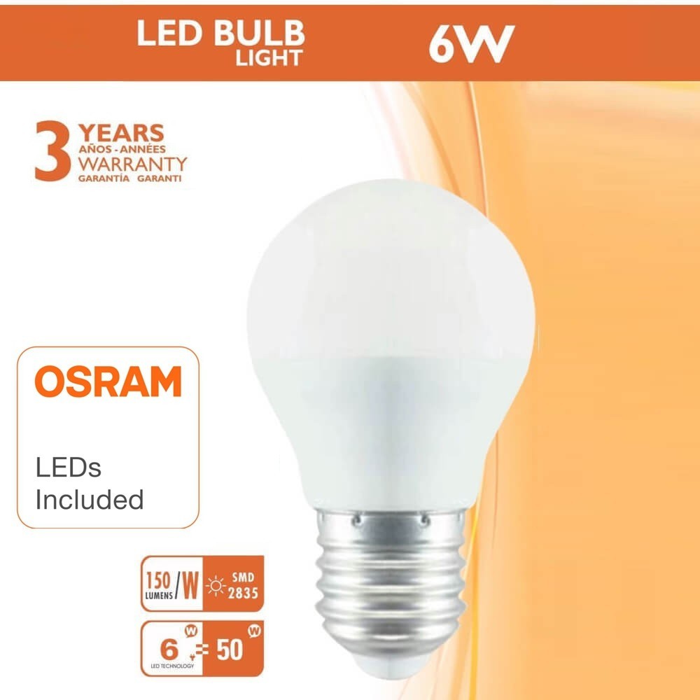 Ampoule LED E27 6W puce OSRAM G45 avec lentille 220º 600Lm
