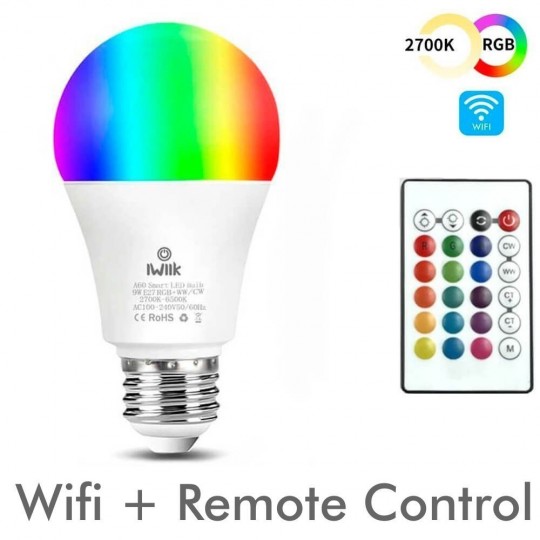 Lâmpada LED 10W SMART Wifi RGB+CCT + Control Remoto - A60 Regulável - E27