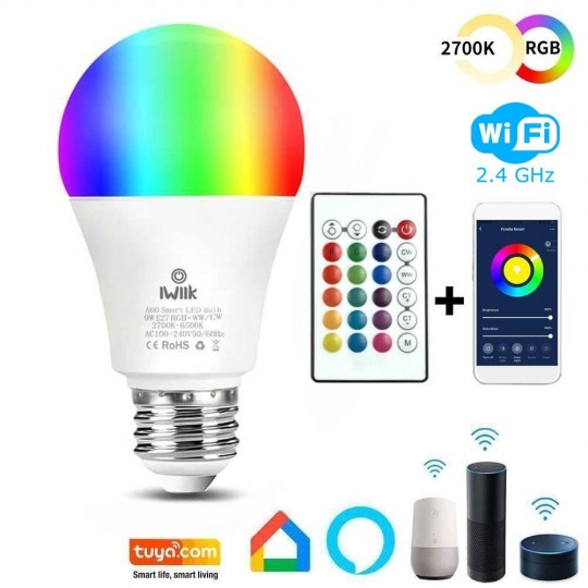 Lâmpada LED 10W SMART Wifi RGB+CCT + Control Remoto - A60 Regulável - E27