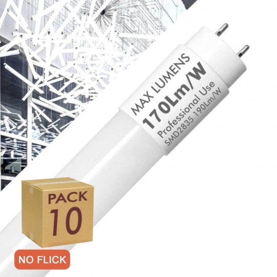 PACK 10 - Tubo LED 20W Cristal 120cm T8 - 170 Lm/W - PRO MAX LUMENS - 3400Lm - NO FLICK