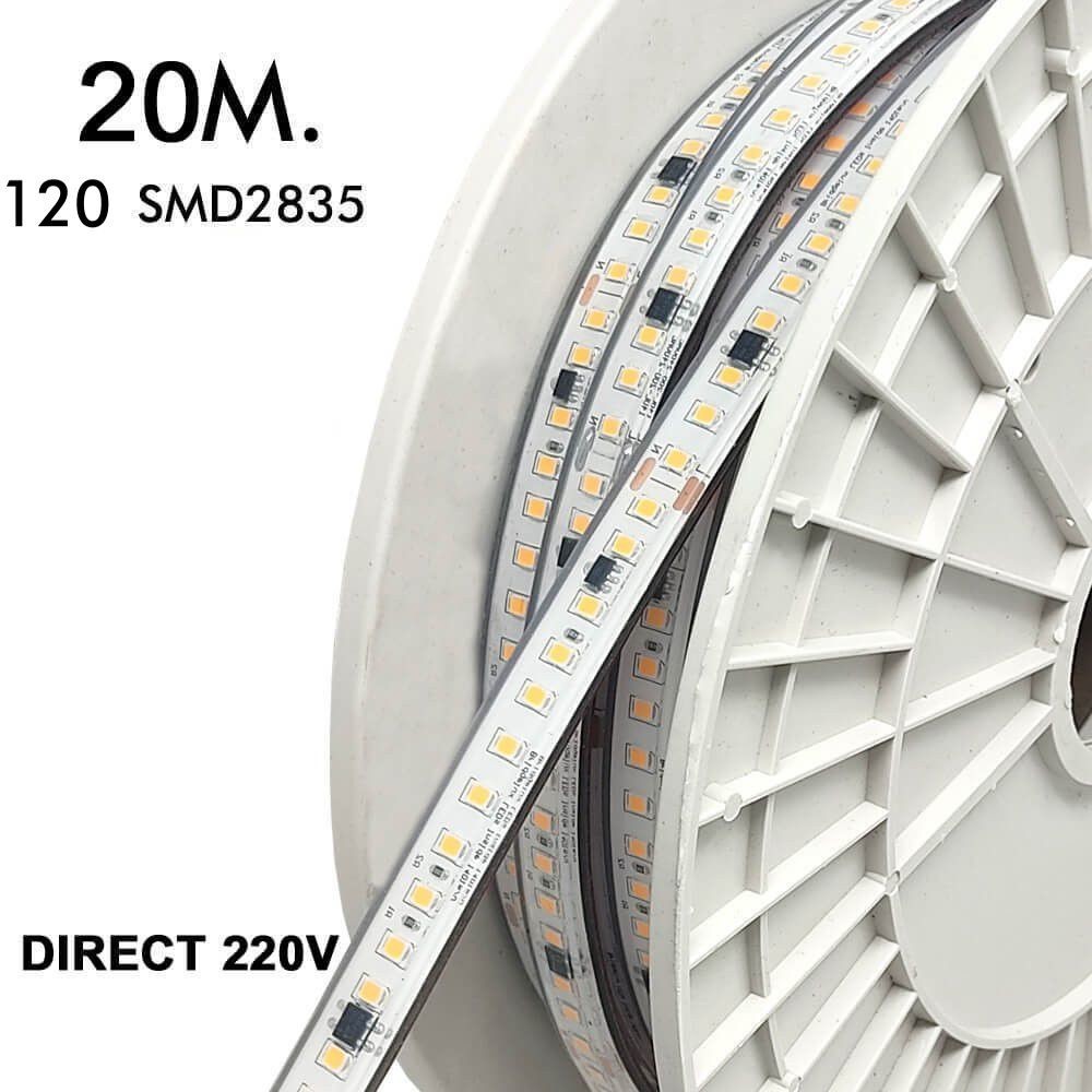 Tira LED 220V, 120xLED/m, 20m, SMD2835, 1540Lm/M, 14W/M, IP67