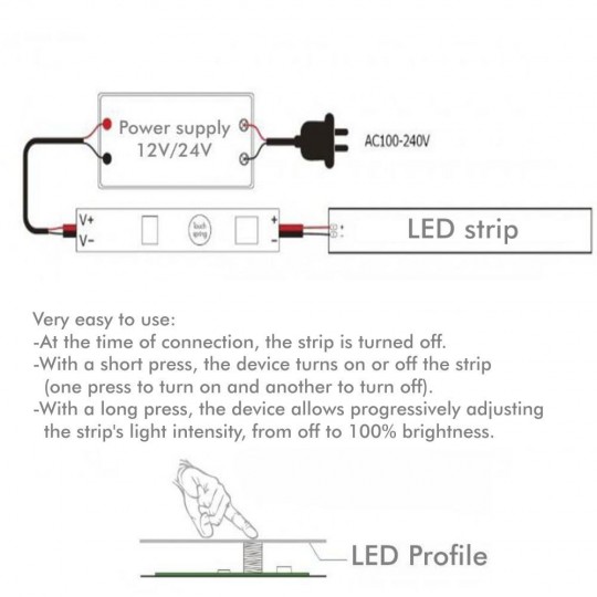Mini interruptor + Dimmer - para tiras LED en perfil 12/24V.